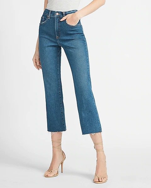 High Waisted Raw Hem Cropped Flare Jeans