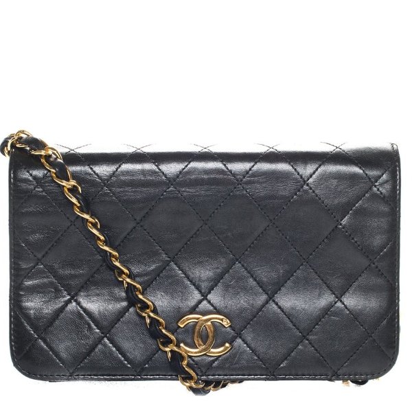 Black Quilted Leather Single Flap Wallet on Chain (Authentic Pre-Owned)