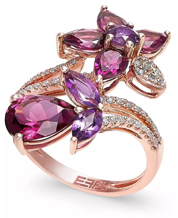 玫瑰金紫水晶花卉钻石戒指