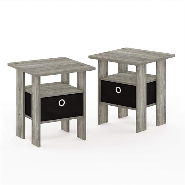 Andrey Set of 2 End Table / Side Table / Night Stand / Bedside Table with Bin Drawer, French Oak Grey
