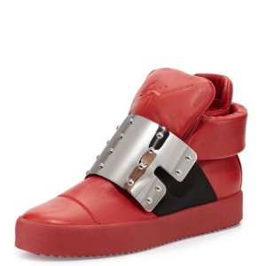 Giuseppe Zanotti Men's Leather High-Top with Plate Front, Red @ Neiman Marcus