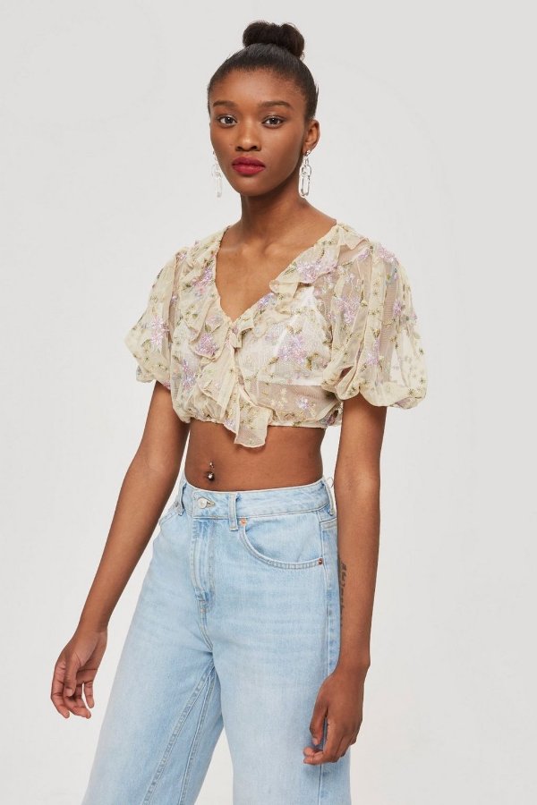 Embroidered Mesh Crop Ruffle Top - Clothing