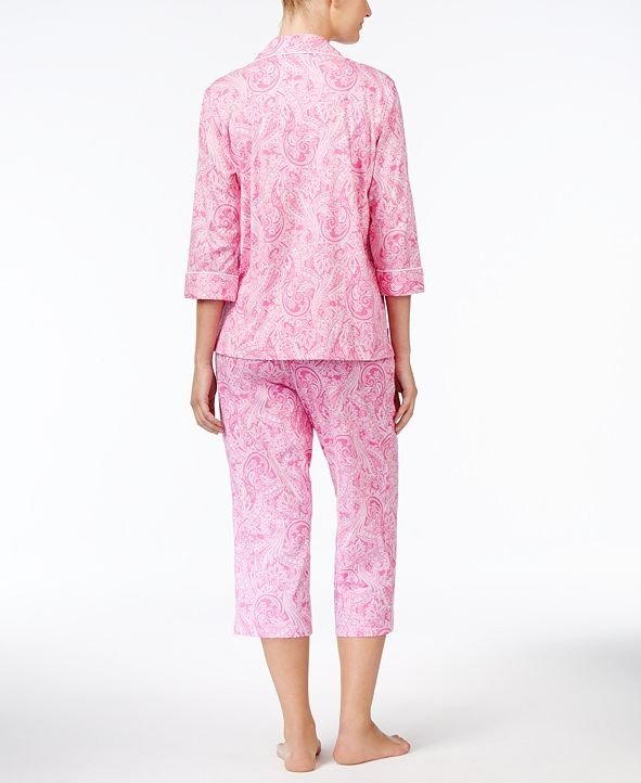 3/4 Sleeve Cotton Notch Collar Capri Pant Pajama Set