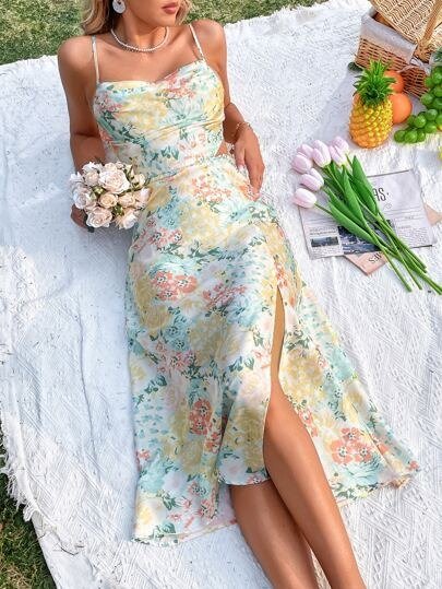 Allover Floral Print Tie Backless Split Thigh Cami Dress
