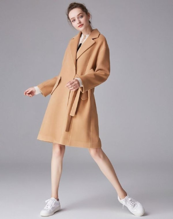 Camel Lapel Drawstring Type Long Sleeve Fitted Women's Coat