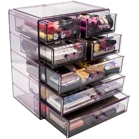 Cosmetics Makeup and Jewelry Big Storage Case Display - Stylish Vanity, Bathroom Case (3 Large, 4 Small Drawers, Purple)
