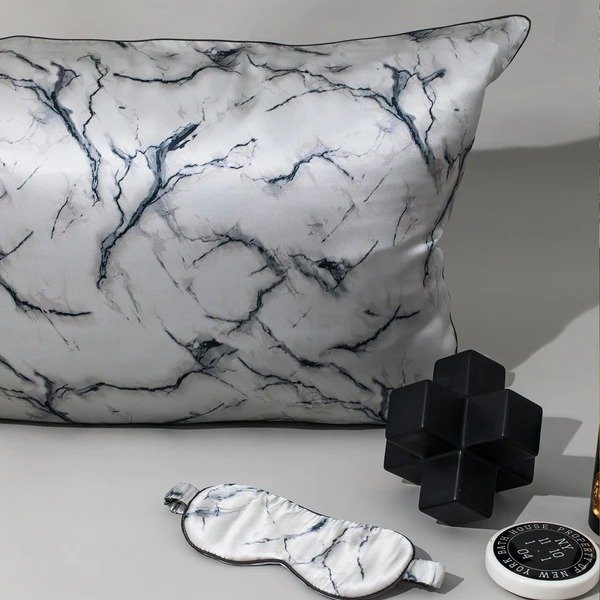 19 Momme Marble Silk Pillowcase W Eye Mask Gift Travel Set