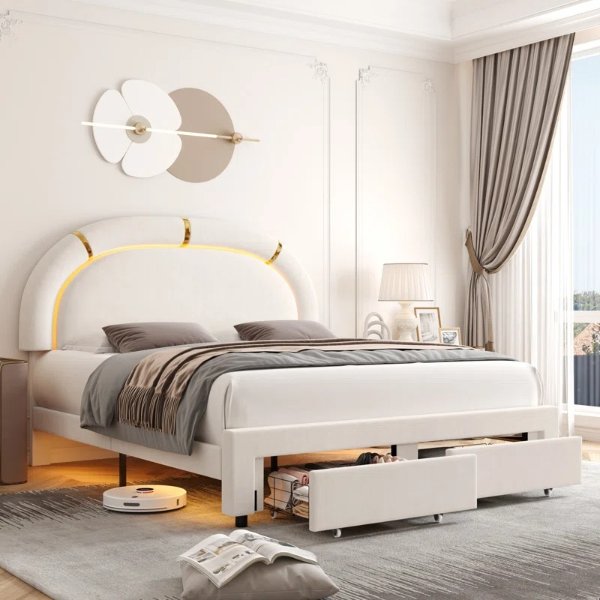 Mazelina LED Bed, Upholstered Platform Storage Bed with 2 Drawers