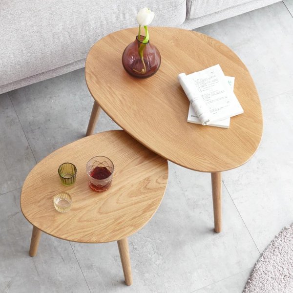 Nature Oak Round Coffee End Table Set Wood Brown (2Pcs) - fancyarnfurniture