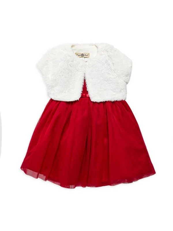 Little Girl's 2-Piece Dress & Faux Fur Cardigan Set