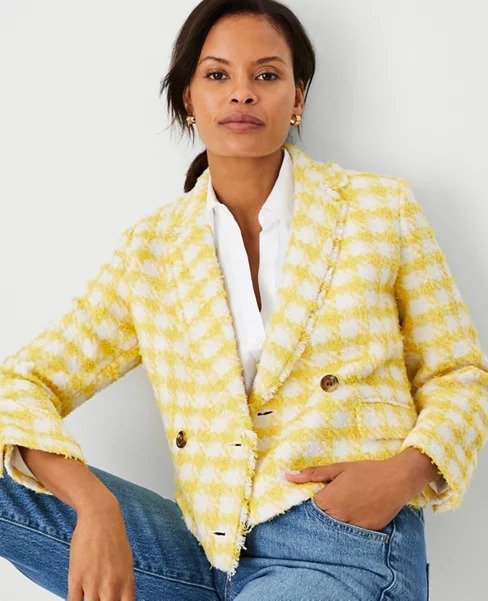 Plaid Fringe Tweed Double Breasted Jacket | Ann Taylor