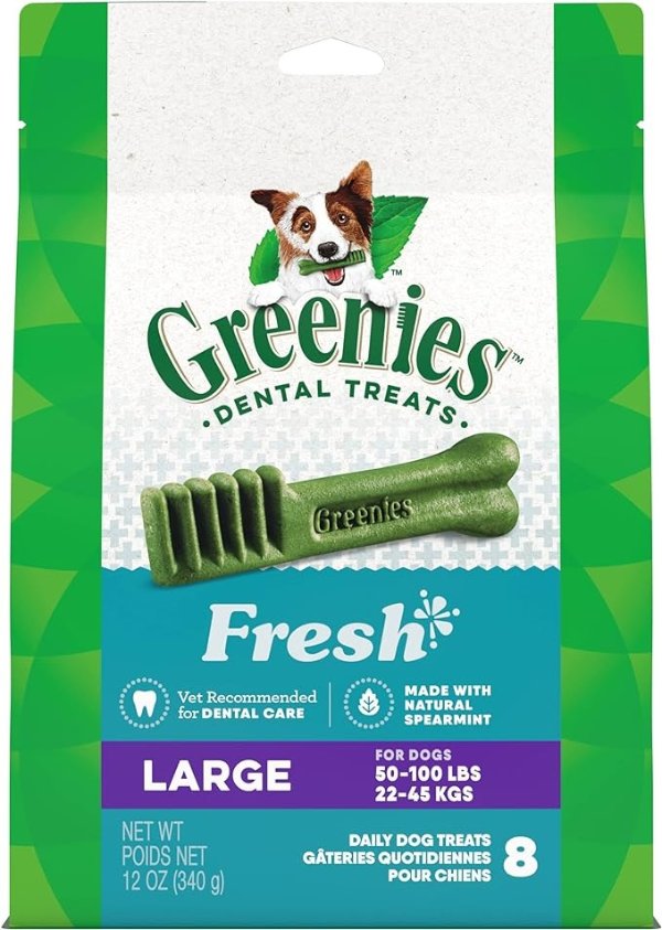 Large Natural Dog Dental Care Chews Oral Health Dog Treats Fresh Flavor, 12 oz. Pack (8 Treats)