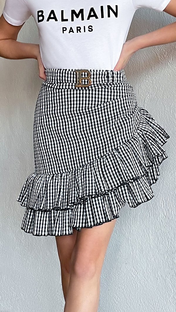 Short Asymmetric Ruffled Gingham Skirt