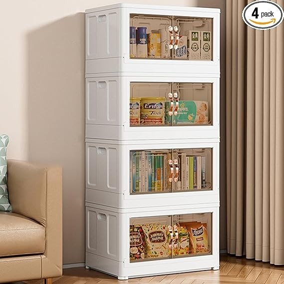 Storage Bins with Lids Storage Bins for Closet Organizers and Storage, Folding Storage Box, Stackable Storage Bins with Open Front Door, Collapsible Storage Bins for Home 4 Packs 20Gal