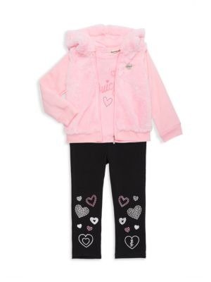 Baby Girl's 3-Piece Faux Fur Hooded Jacket, Cotton-Blend Top & Leggings Set