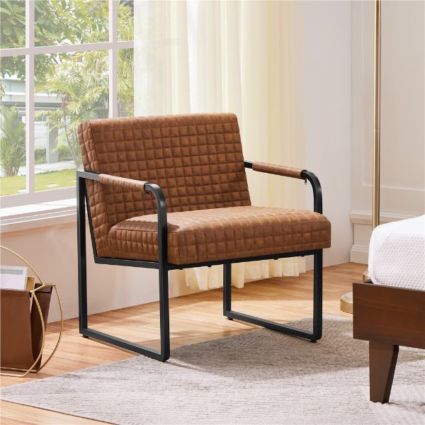 Modern PU Leather Accent Chair with Large Seat Cushion,Retro Brown