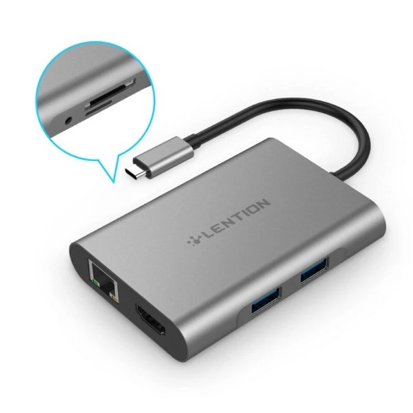 C58EHCR 7-In-1 USB-C Hub, with USB 3.0 Port, HDMI, Card Reader, RJ45, PD, 3.5mm Audio Jack, Port Adapter (Dark Gray)
