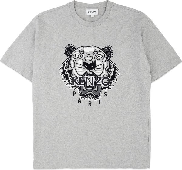 - Embroidered Flocked Tiger T-Shirt - Pearl Grey