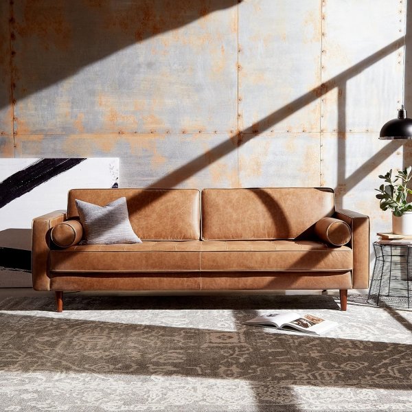 Amazon Brand – Rivet Aiden Mid-Century Modern Sofa Couch, 86.6"W, Cognac Leather