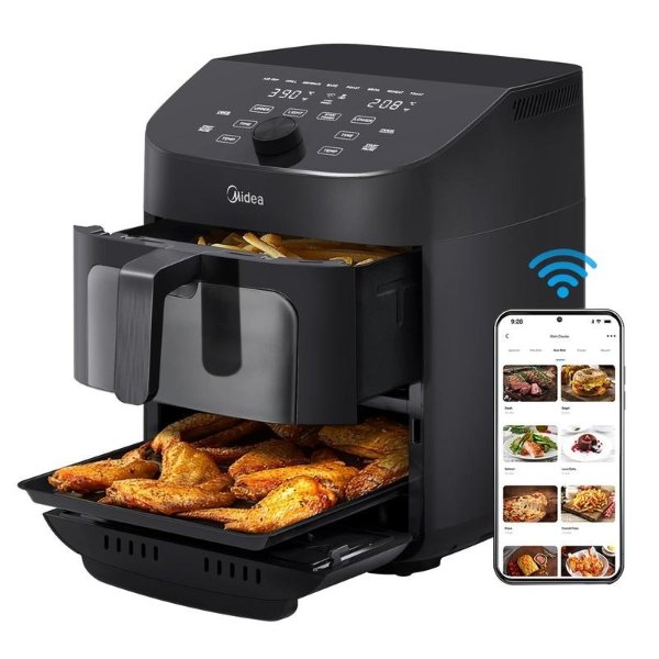 Midea 8 in 1 Dual Air Fryer 11 Quart with 2 Independent Frying Baskets Large Capacity Clear Windows, Smart Sync Finish, 3 Heating Tubes, Wi-Fi Connectivity & 50+ App Recipes For Family-Sized Meals, Bake, Grill&More