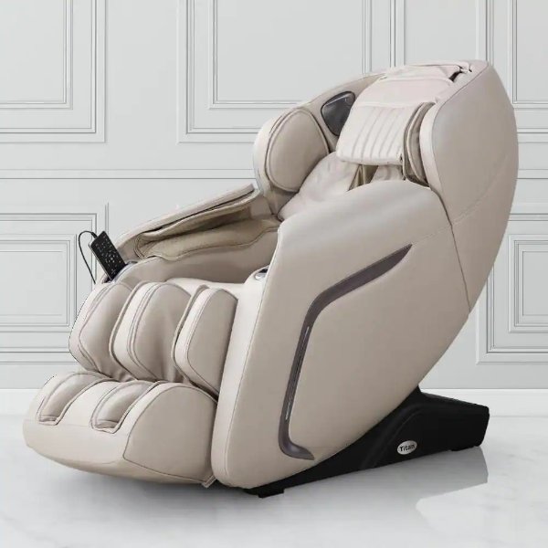 COSMO Taupe Faux Leather Reclining Massage Chair with Voice Recognition and BlueTooth Speakers