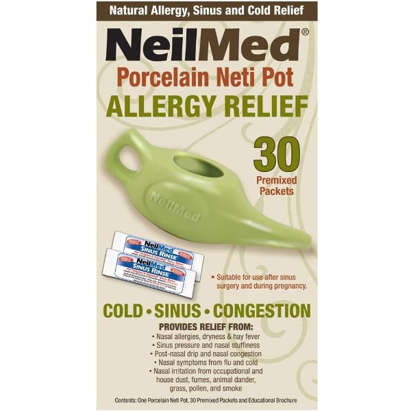 NeilMed Classic Porcelain Neti Pot Green with 30 Premixed Packets