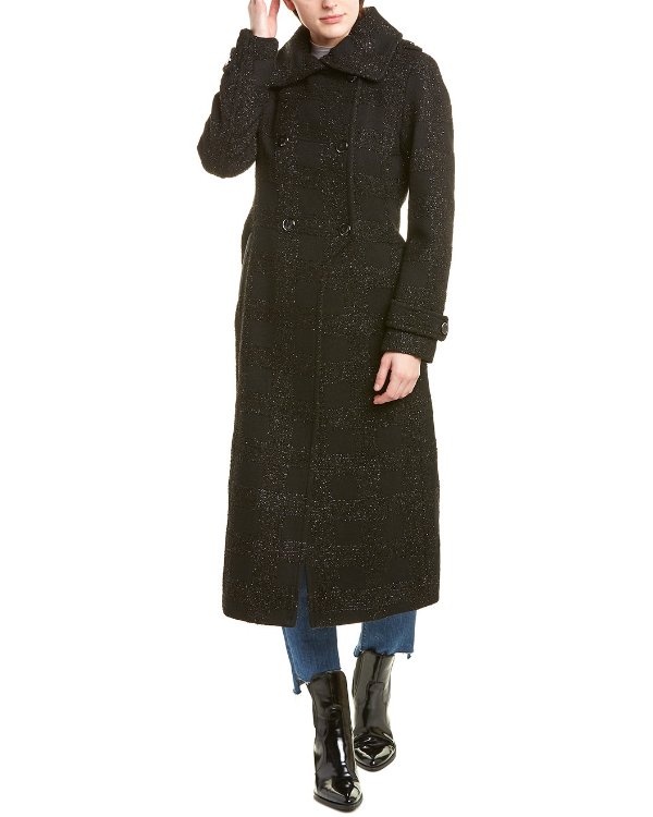 Elodie Leather-Trim Wool-Blend Coat