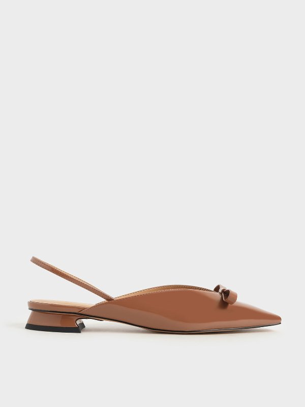 Cognac Patent Bow Slingback Flats | CHARLES &amp; KEITH