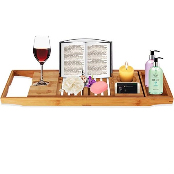 Luxury Bamboo Bathtub Caddy Tray - Adjustable Natural Wood Bath Tub Organizer with Wine Holder, Cup Placement, Soap Dish, Book Space & Phone Slot for Spa, Bathroom & Shower - SereneLife SLBCAD20