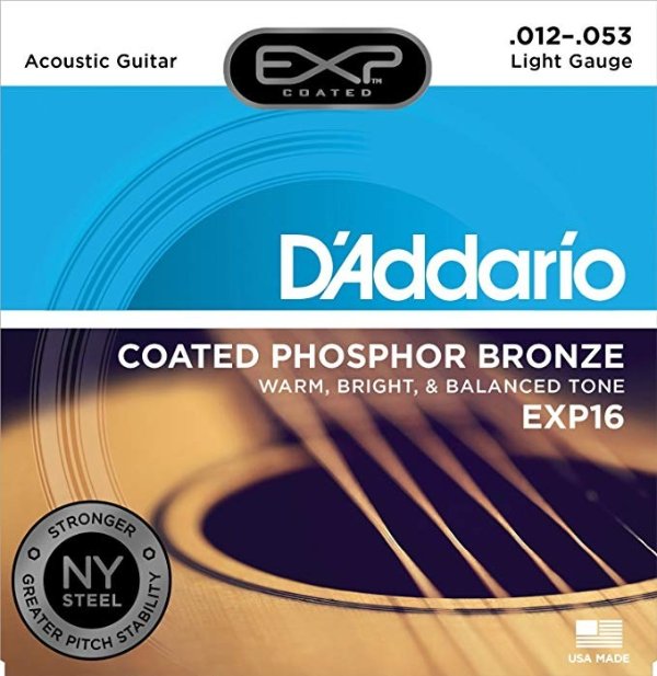 D’Addario EXP16 Coated Phosphor Bronze Acoustic Guitar Strings, Light, 12-53 – Offers a Warm, Bright and Well-Balanced Acoustic Tone and 4x Longer Life - With NY Steel for Strength and Pitch Stability