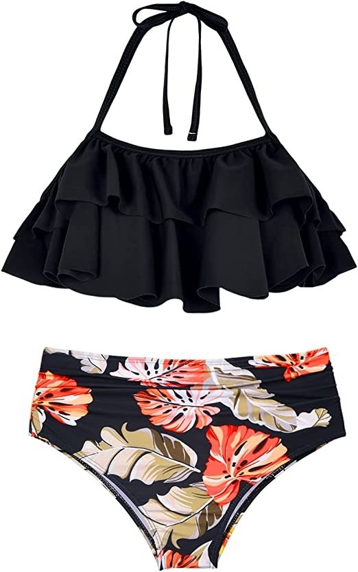Hilor Girl's Bikini Set Crop Flounce Two Piece Swimsuits Kids Haler Bathing Suits