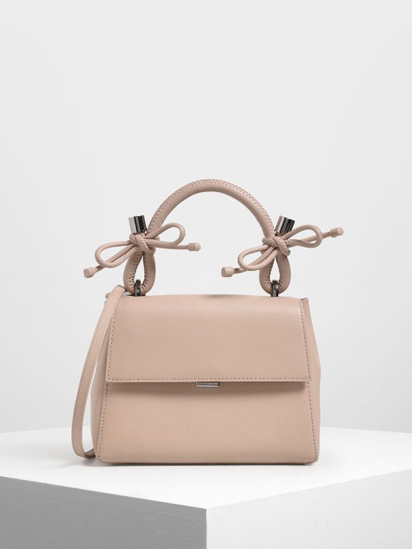 Nude Double Bow Leather Top Handle Bag