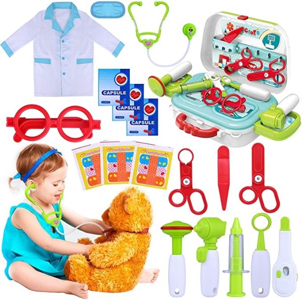 Kids Doctor Kit, 22 Piece Kids Pretend Play Toys, Medical Dr Toy Kit with Carry Case, Role Play Doctor Costume for Little Girls, Boys, School Classroom