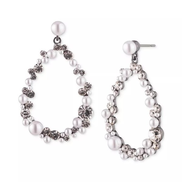Hematite-Tone Imitation Pearl & Crystal Open Teardrop Earrings