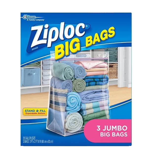 Storage Bags, Double Zipper Seal & Expandable Bottom, Jumbo, 3 Count, Big Bag