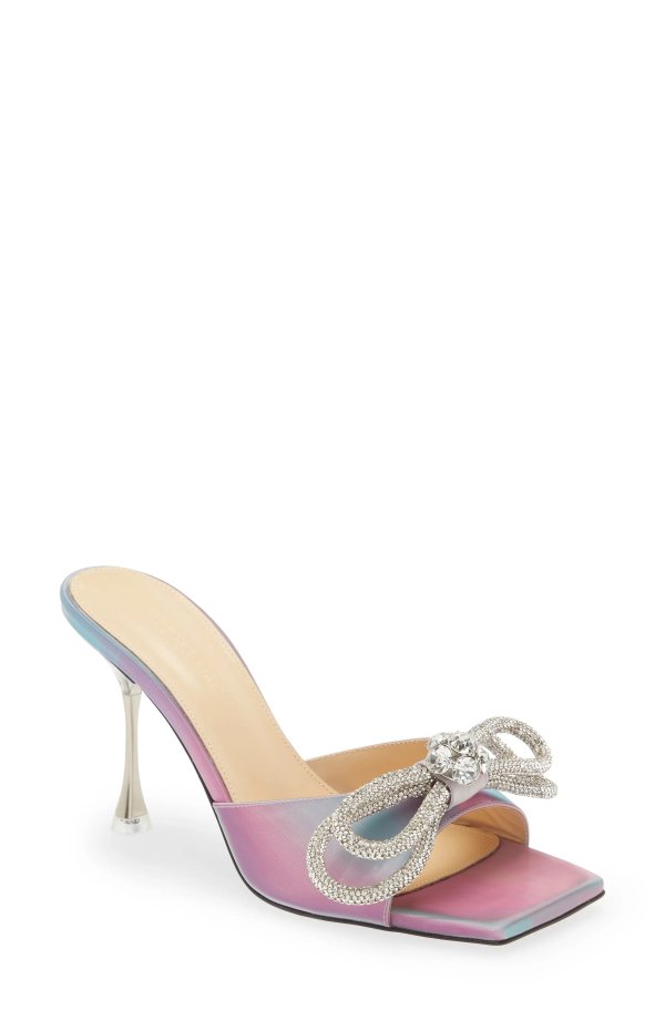 Crystal Double Bow Square Toe Sandal