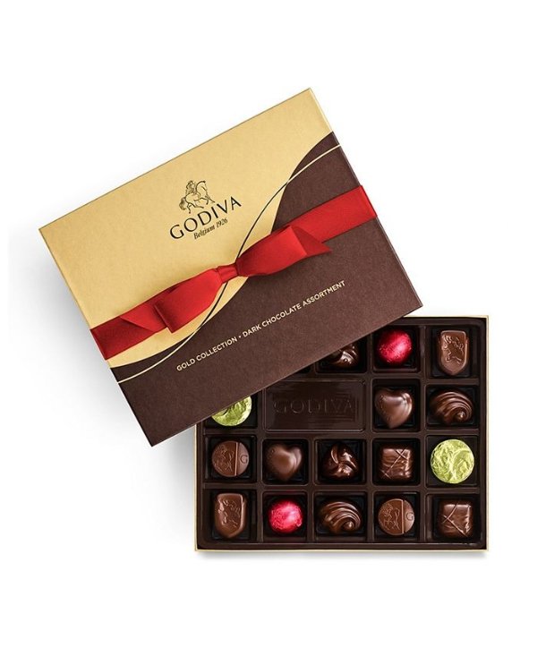 Holiday Assorted Dark Chocolate Gift Box, Red Ribbon, 18 Piece