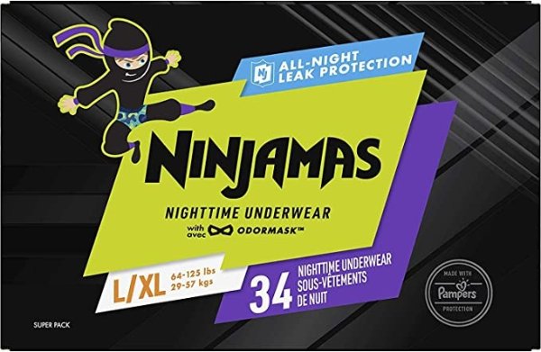 Ninjamas, Bedwetting Overnight Diapers Disposable Underwear, Nighttime Training Pants Boys, FSA HSA Eligible, 34 Count, Size L/XL (64-125 lbs)