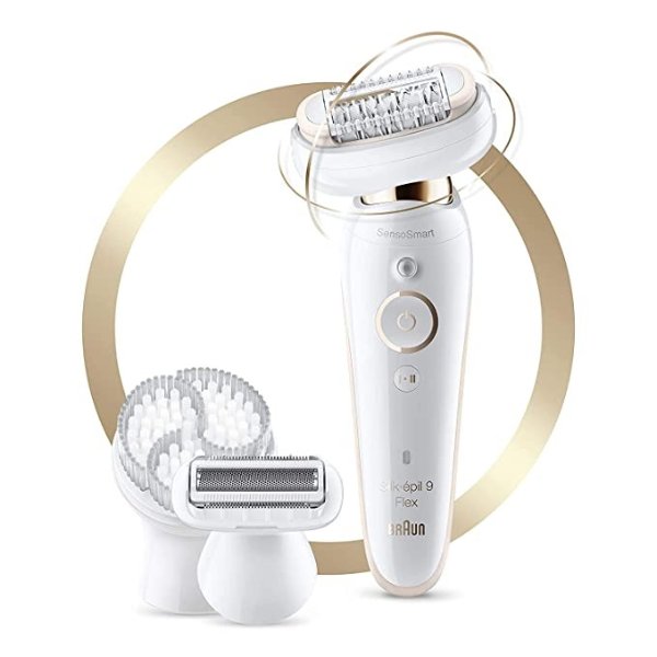 Epilator Silk-epil 9 9-030 with Flexible Head, Facial Hair Removal for Women and Men, Shaver & Trimmer, Cordless, Rechargeable, Wet & Dry, Beauty Kit with Body Massage Pad