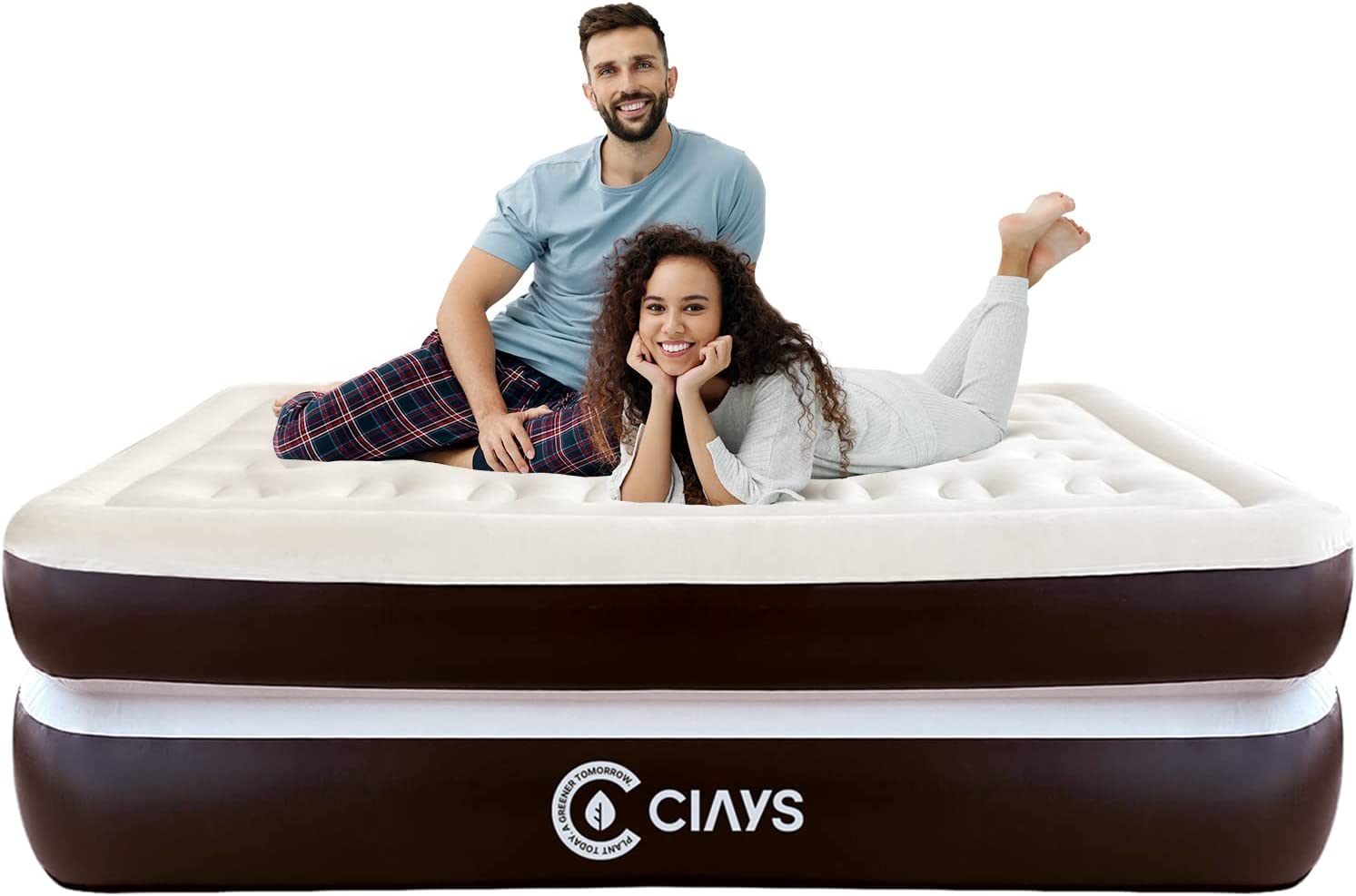 Ciays充气床垫内置打气筒，高16英寸，带储物袋，适合家庭和露营，棕色Queen（36美金优惠！！！活动时间3月8日-9日，预购从速！！！）