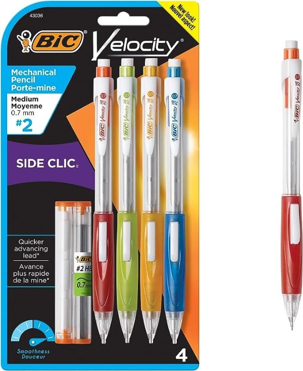 Velocity Side Clic Mechanical Pencil, Medium Point (0.7mm), Black, Soft Comfortable Grip, 4-Count