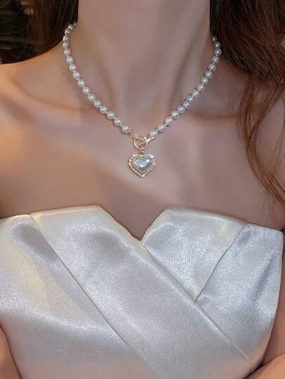 Rhinestone & Faux Pearl Heart Charm OT Buckle Necklace