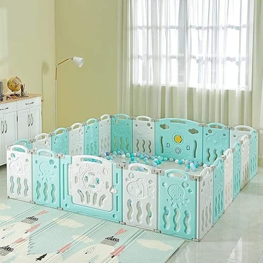 22 Panels Baby Playpen Kids Safety Play Center Yard - Kids Activity Center Indoor or Outdoor, Portable Play Yard with Safety Gate for Babies Infant Toddlers(Blue+White)