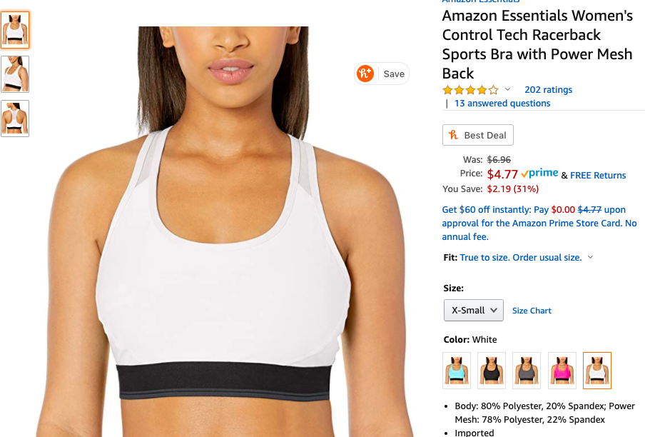 Amazon Essentials Women's Control Tech Racerback Sports Bra with Power Mesh Back 白色xs