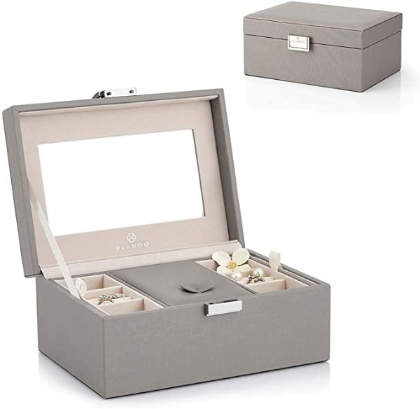 Jewelry Box, Travel Jewelry Organizer Case for Women Girls Men, 2 Layer Medium Jewelry Storage with Removable Tray for Necklace Earrings Rings Bracelets Watches, Birthday Vintage Gift, Grey