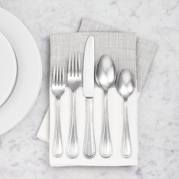 Amazon Basics 20-Piece Stainless Steel Flatware Set with Pearled Edge, Service for 4