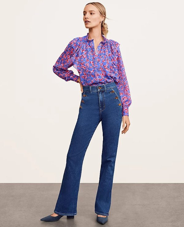 Button Pocket High Rise Admiral Flare Jeans in Mid Stone Wash | Ann Taylor
