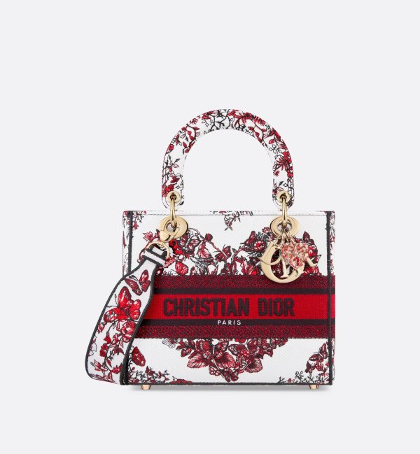 Medium Lady D-Lite Bag White and Red Le Coeur des Papillons