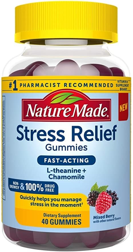 Stress Relief Gummies, L-Theanine and Chamomile, Quickly Helps You Manage Stress, Non-Drowsy, Drug Free, Mixed Berry, 40 Count
