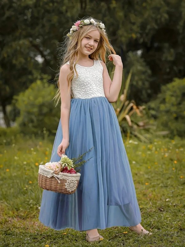 Flower Girl V-Back Lace Dress, Sleeveless Mesh Splicing Long Princess Dress Piano Performance Dress